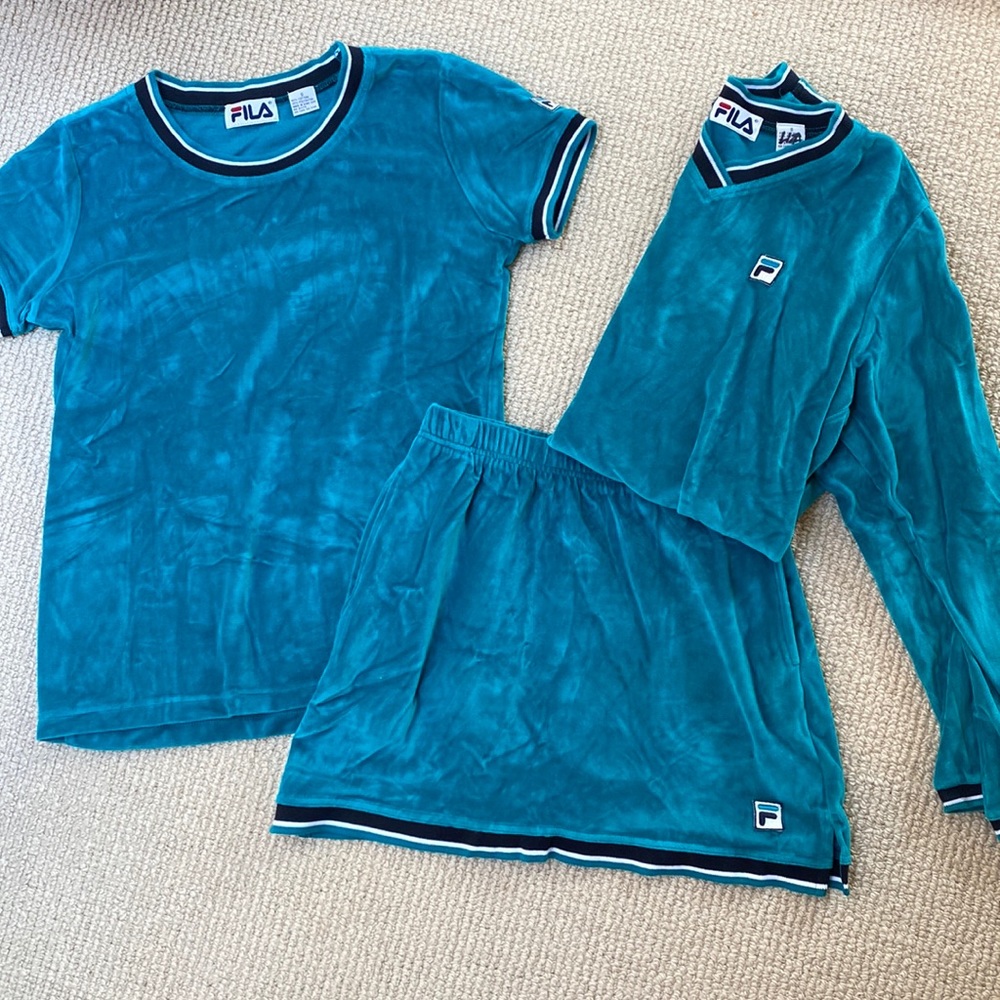 Vintage Fila Velour 3-Piece Turquoise Tennis Outfit Skirt Top & Long Sleeve